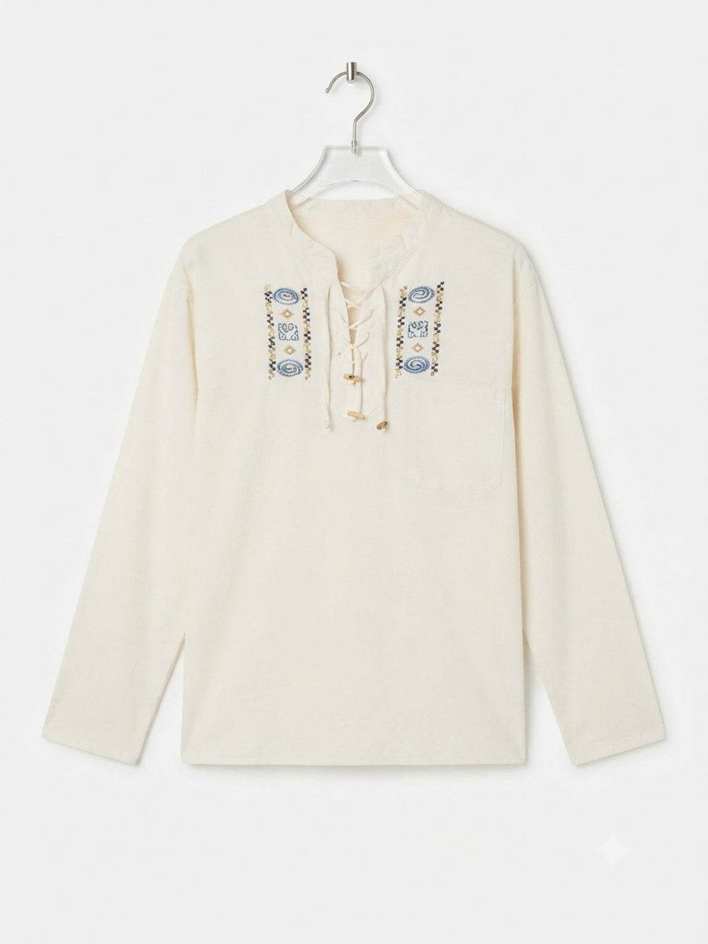 Embroidered Lace-Up Long-Sleeve Womens Shirt - Cream